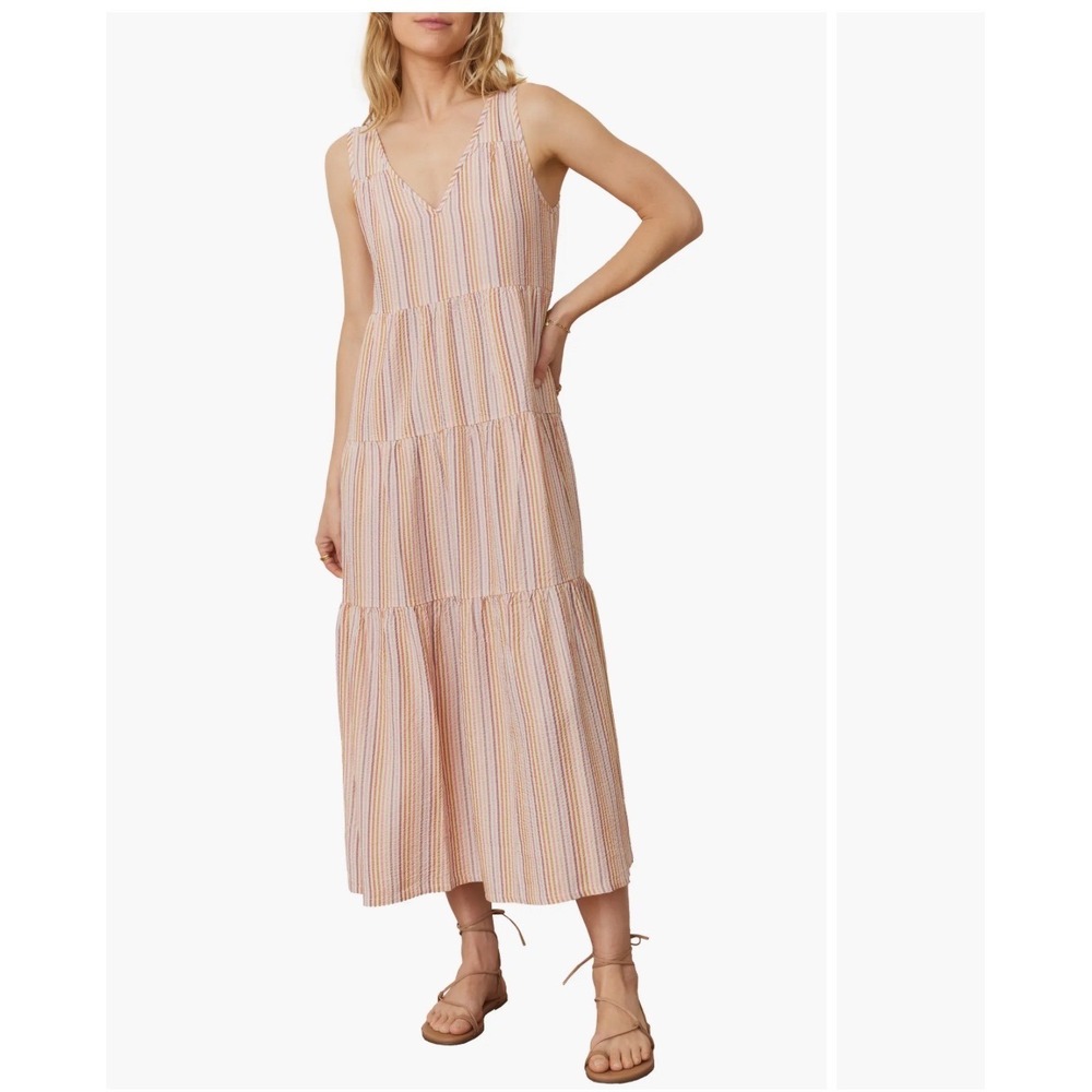 Marine Layer Corinne Sunset Stripe Sleeveless Maxi Dress Tiered V-Neck  Women L